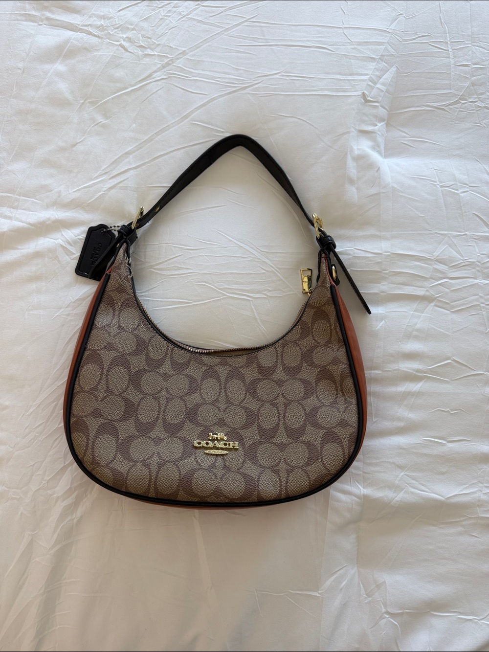 Coach Crescent Shoulder Bag in Brown Signature Canvas with Tan Trim